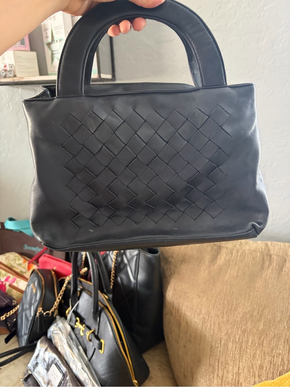 Valerie Stevens Black Woven Leather Tote